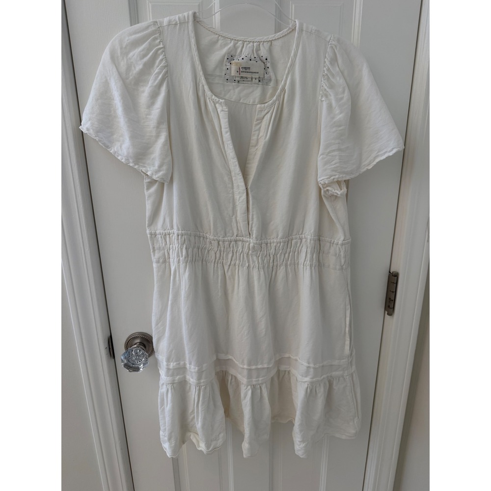 Anthropologie Tiered‎ Smocked Mini Dress White Medium Linen Blend Size M